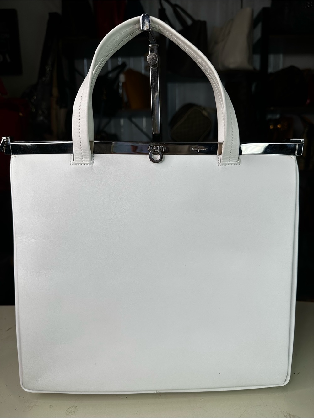 Salvatorre Ferragamo White Structured hand Bag with Silver Hardware